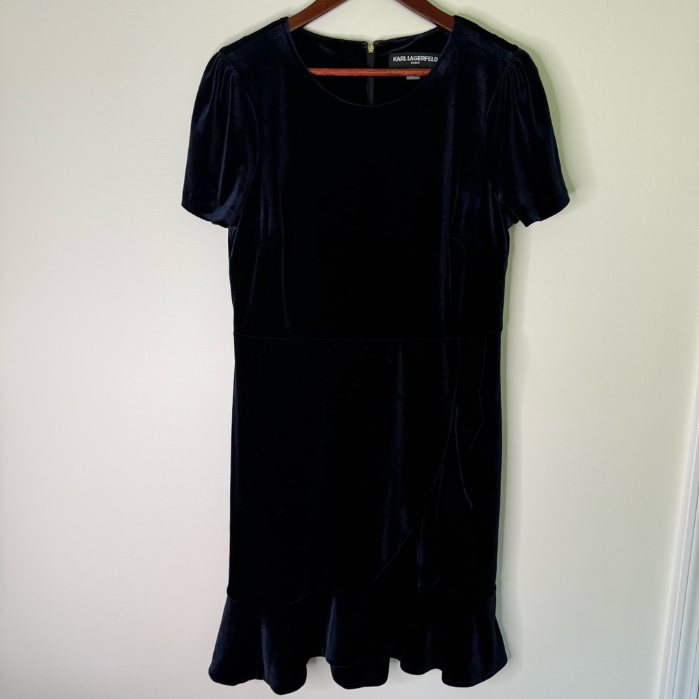 Karl Lagerfeld Paris Blue Velour Ruffle Hem Dress Size 10 - Picture 2 of 8